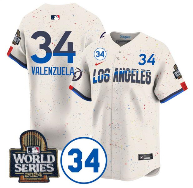 Men's Los Angeles Dodgers #34 Toro Valenzuela Cream 2024 World Series With No. 34 Patch City Connect Limited Stitched Baseball Jersey Men's Los Angeles Dodgers #34 Toro Valenzuela Cream 2024 World Series With No. 34 Patch City Connect Limited Stitched Baseball Jersey